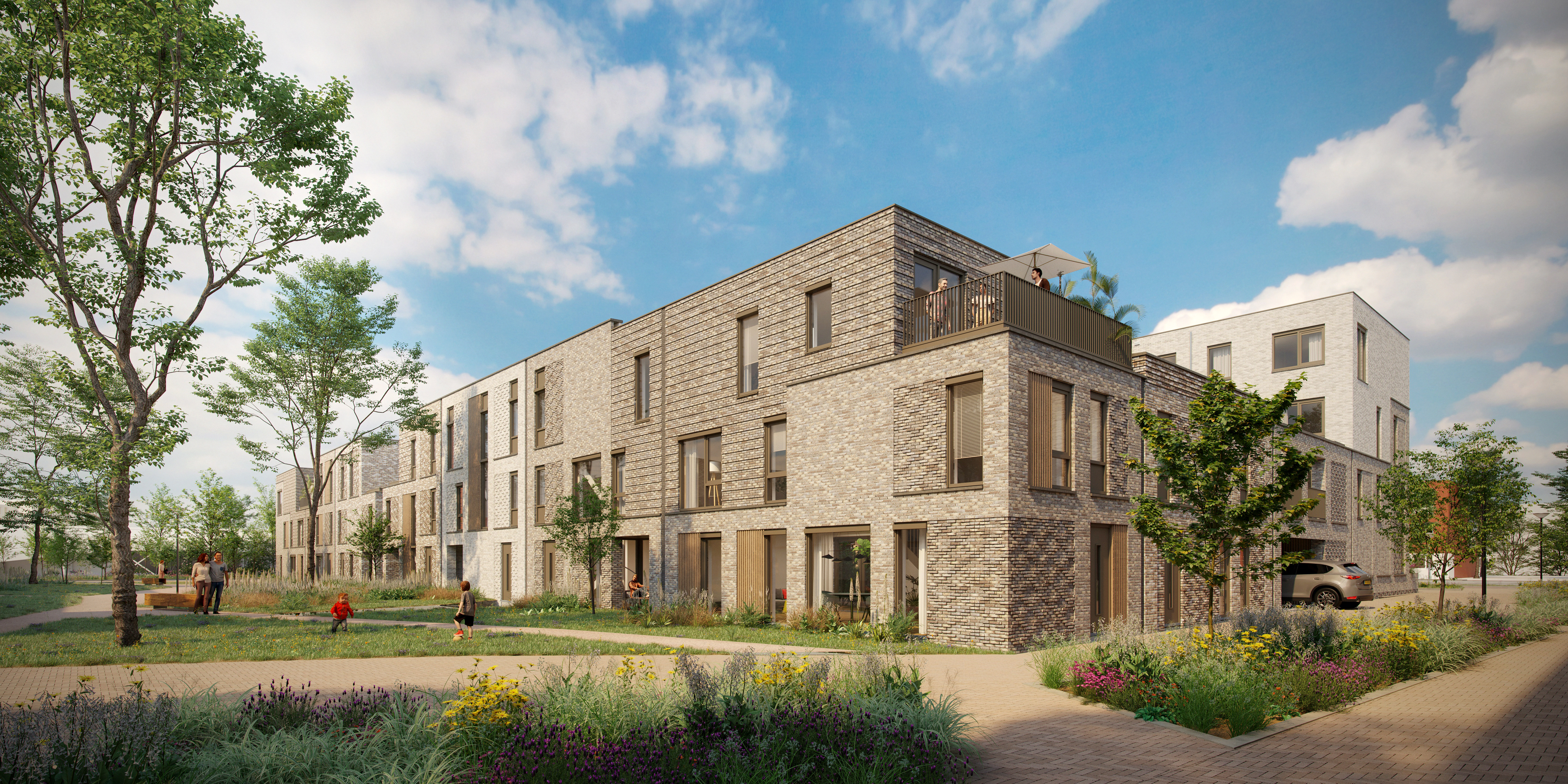 Blok E — groene binnenhof met speelplek